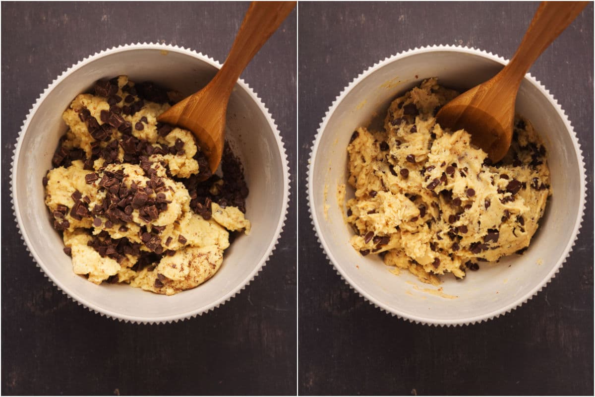 Two photo collage showing chocolate chips added to cookie dough and mixed in.